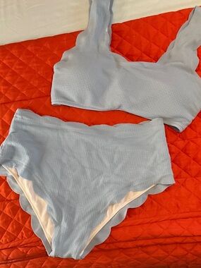 Zaful Light Blue Scalloped High-Waist Bikini